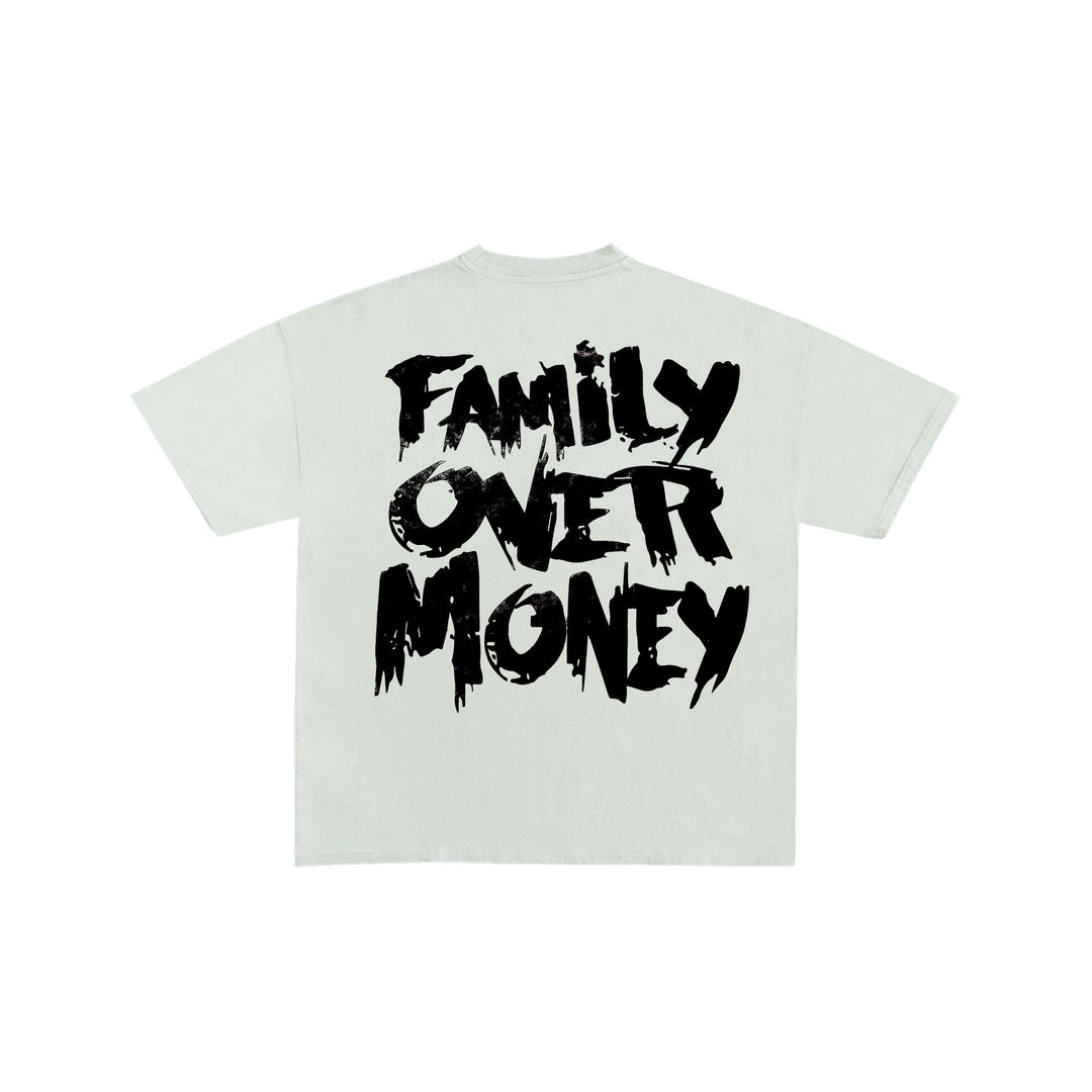 Holy Godz Family Over Money Drop Shoulder Tee — white shirt, black design, back view