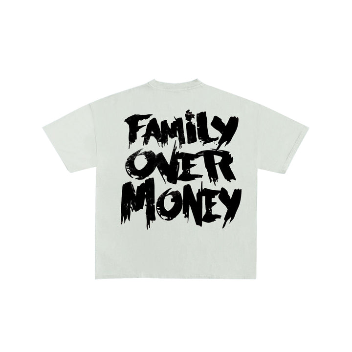 Holy Godz Family Over Money Drop Shoulder Tee — white shirt, black design, back view