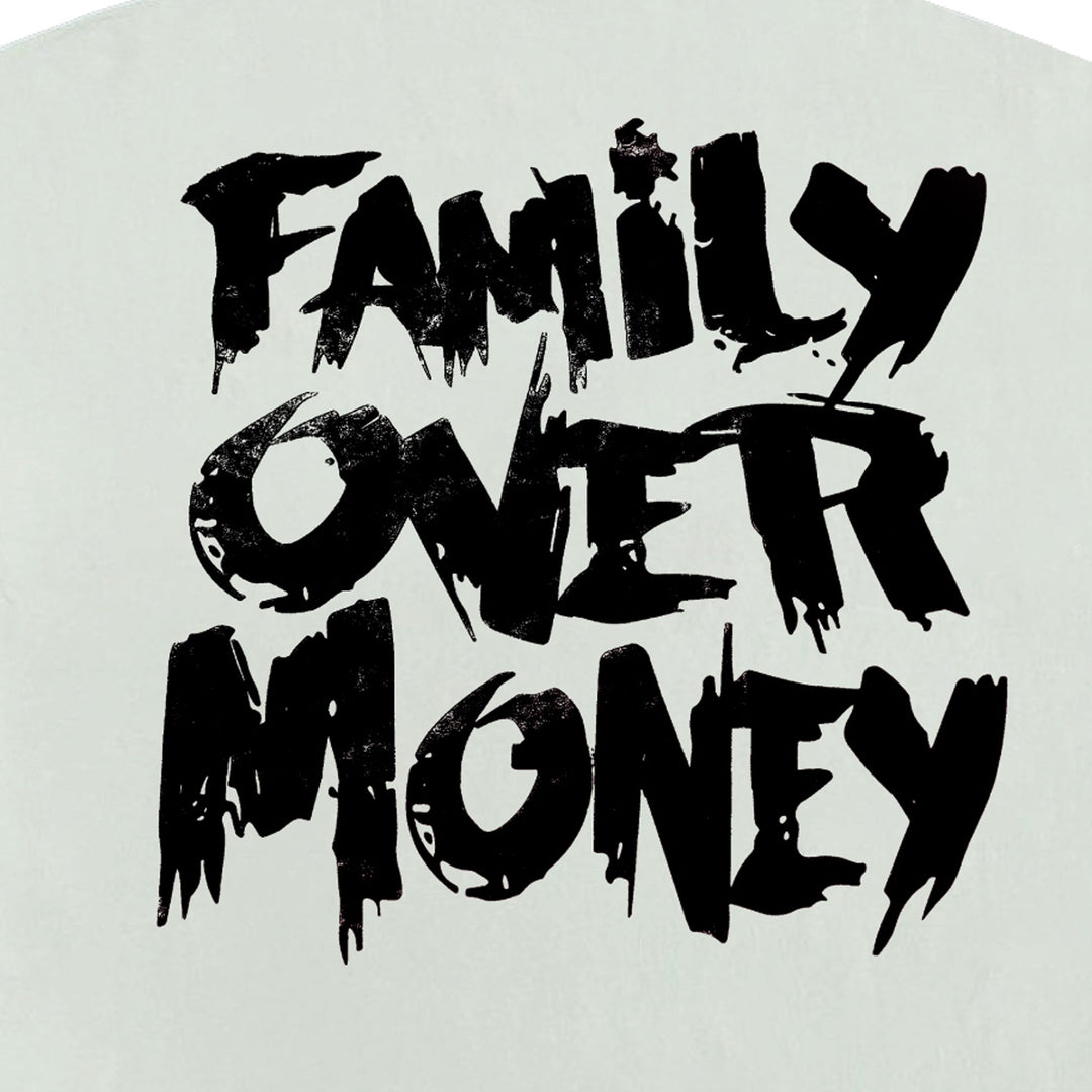 Holy Godz Family Over Money Drop Shoulder Tee — white shirt, black design, closeup detail
