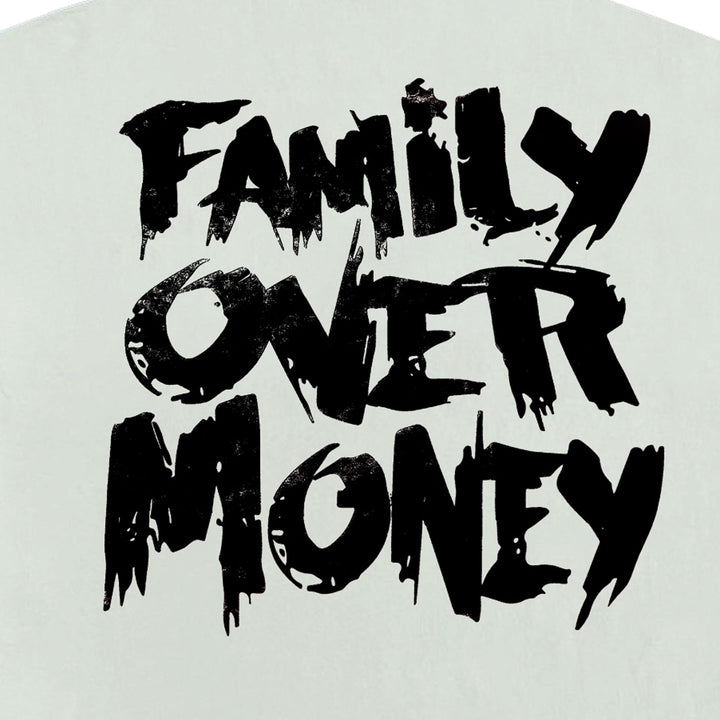 Holy Godz Family Over Money Drop Shoulder Tee — white shirt, black design, closeup detail