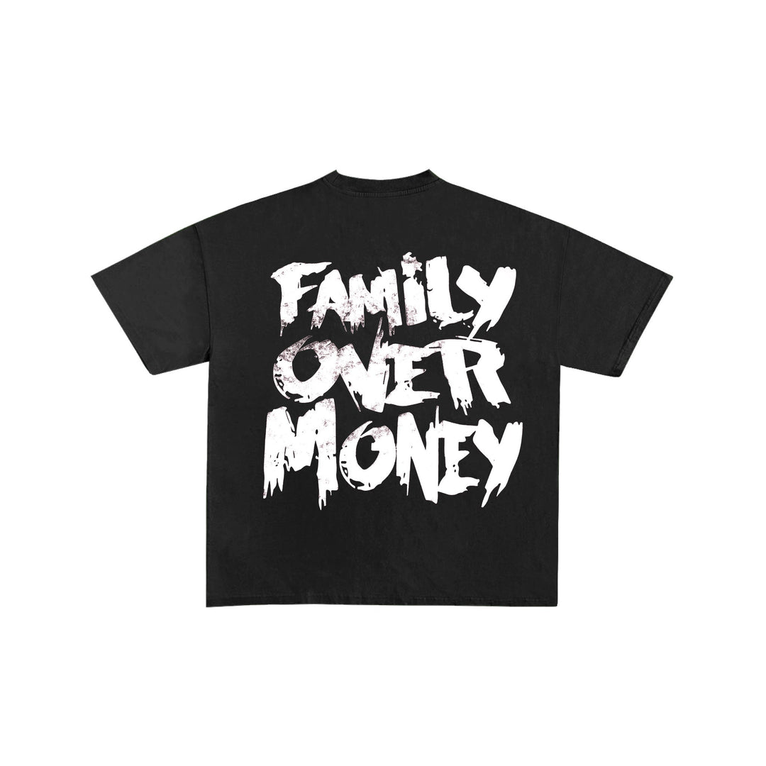 Holy Godz Family Over Money Drop Shoulder Tee — black shirt, white design, back view