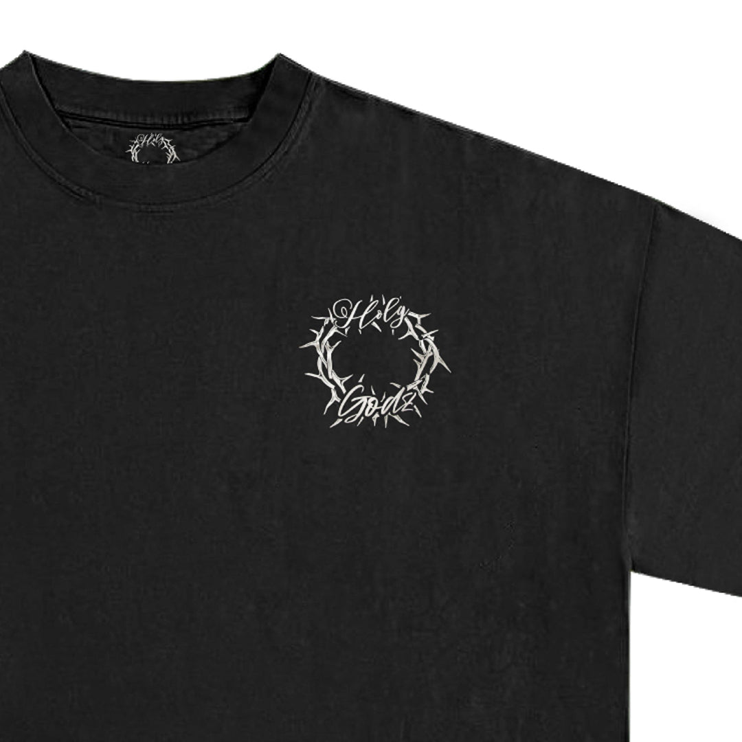 Holy Godz Family Over Money Drop Shoulder Tee — black shirt, white design, closeup detail 2