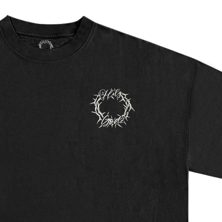 Holy Godz Family Over Money Drop Shoulder Tee — black shirt, white design, closeup detail 2