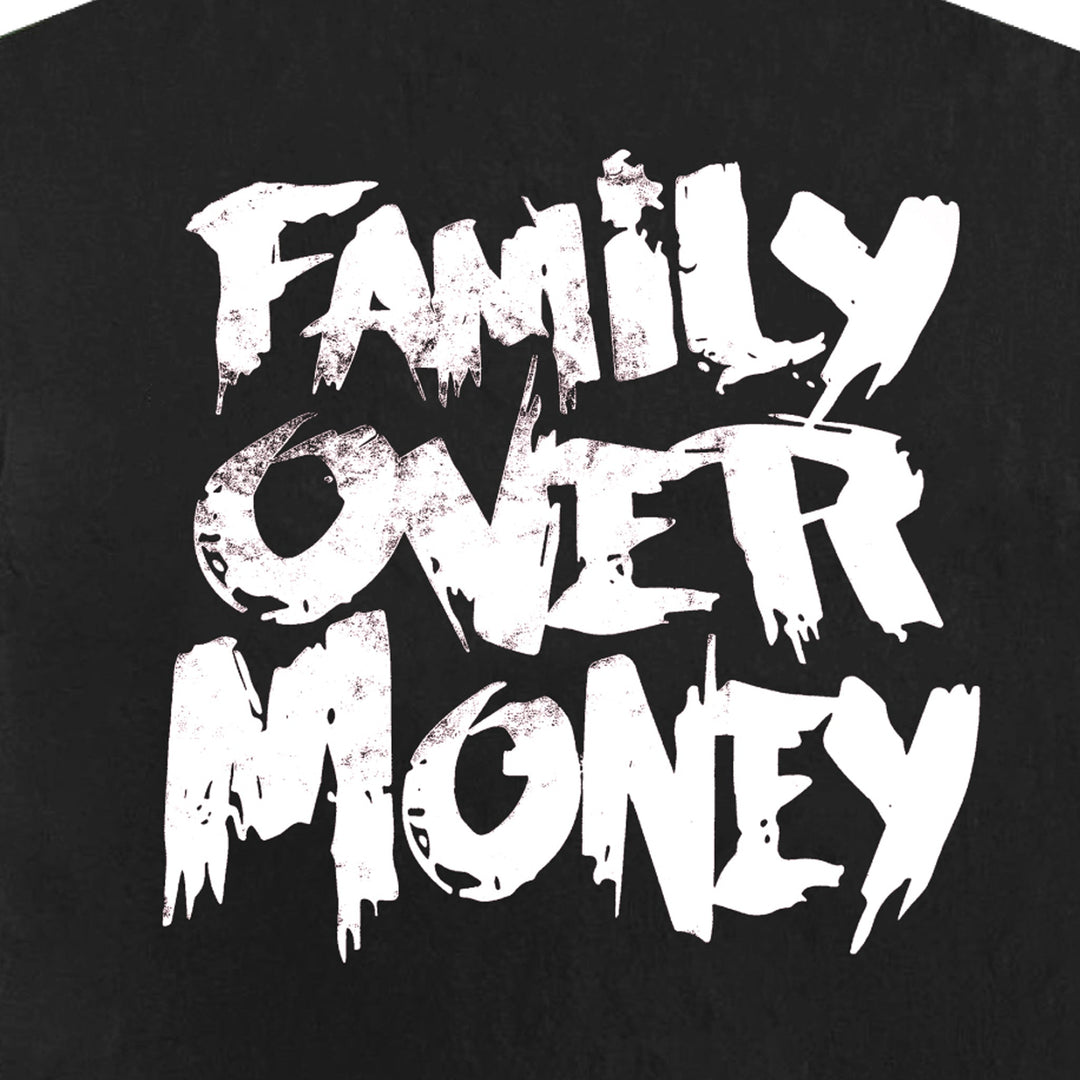 Holy Godz Family Over Money Drop Shoulder Tee — black shirt, white design, closeup detail