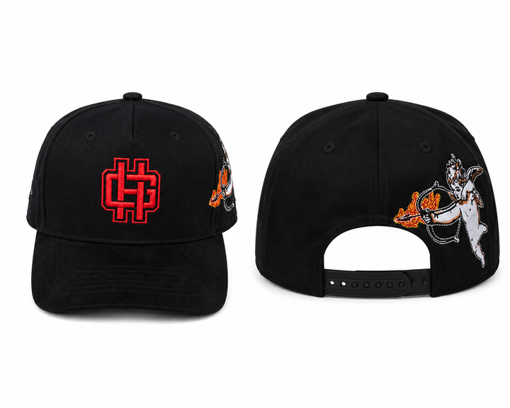Holy Godz Guardian Hat — black, detail view of raised embroidered logo