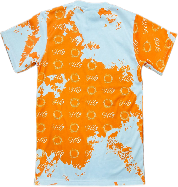 Holy Godz Crown Stain T-Shirt — orange colorway, detail view