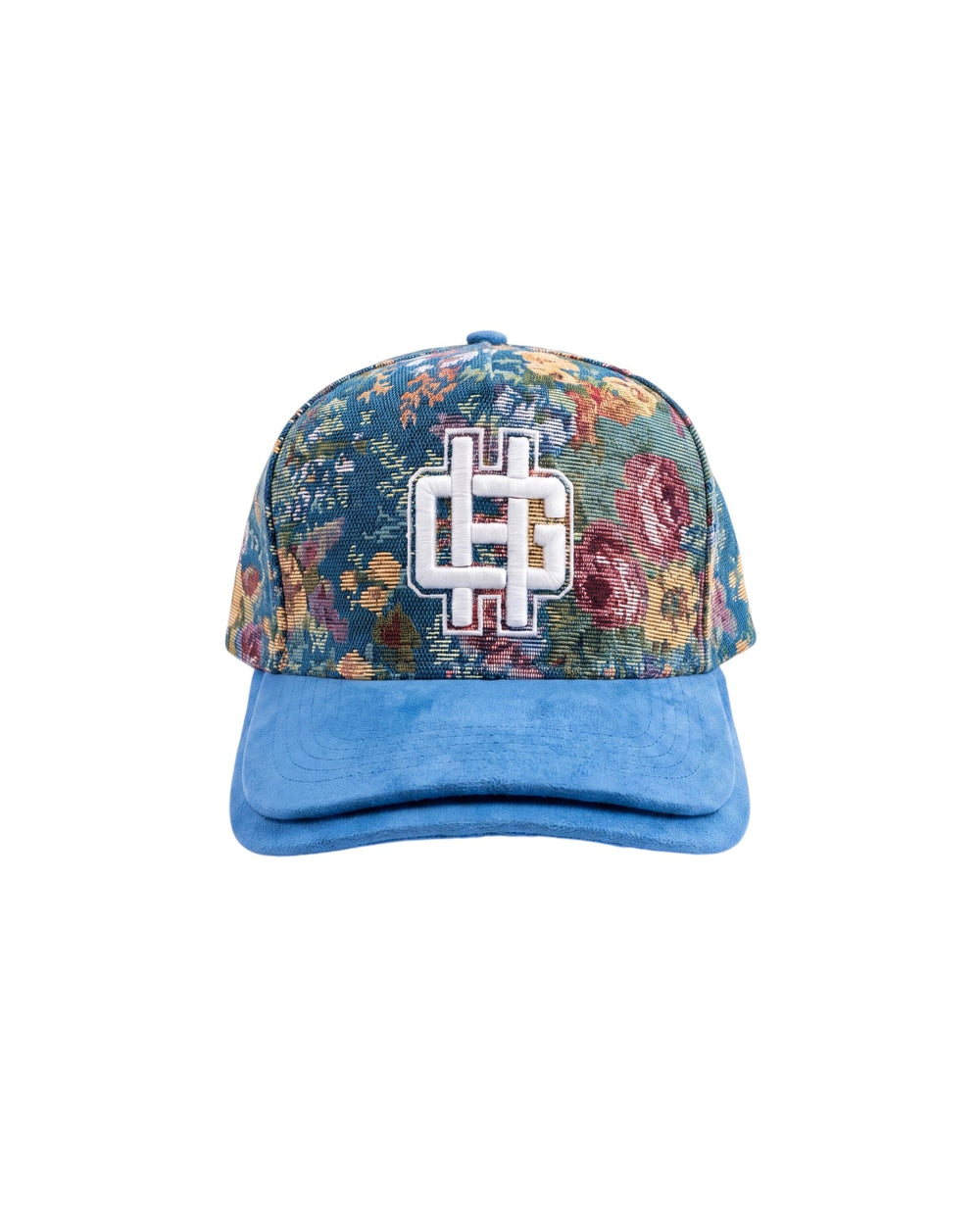 Holy Godz Tapestry Cap in Blue Floral — front view, double-stacked suede brim
