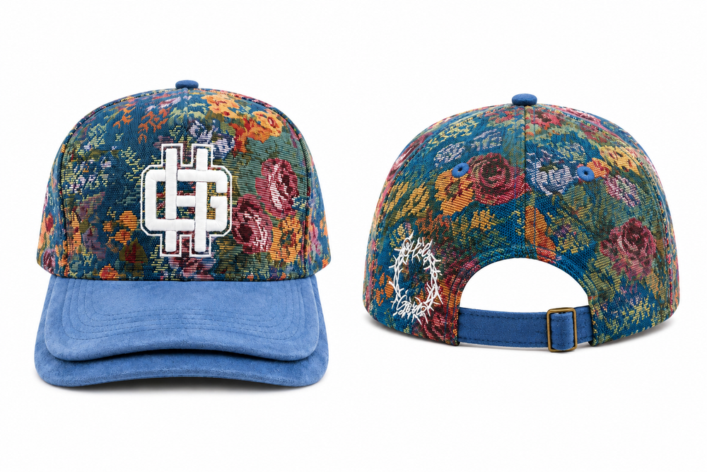 Holy Godz Tapestry Cap in Blue Floral — double-stacked suede brim, front and back, HG monogram and crown-of-thorns embroidery