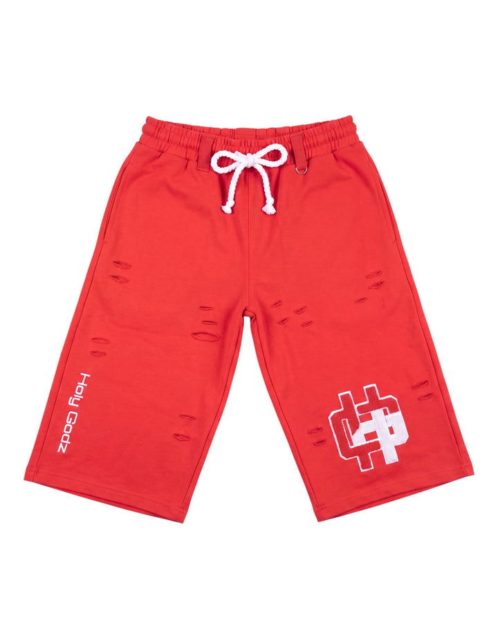 Holy Godz Reborn Shorts — washed black distressed fleece, detail view