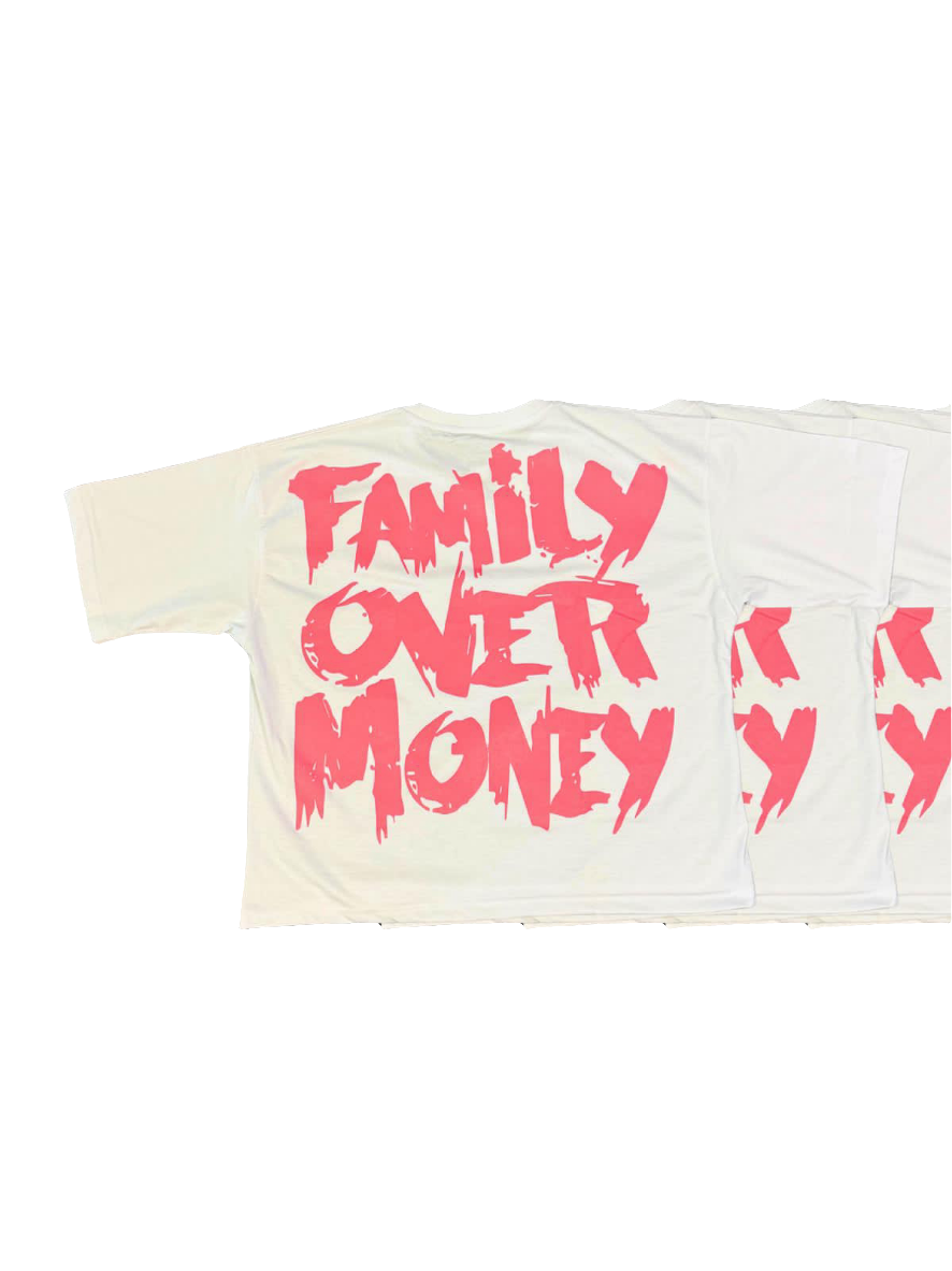 FAMILY OVER MONEY - DROP SHOULDER TEE (WHITE, PINK) Holy Godz