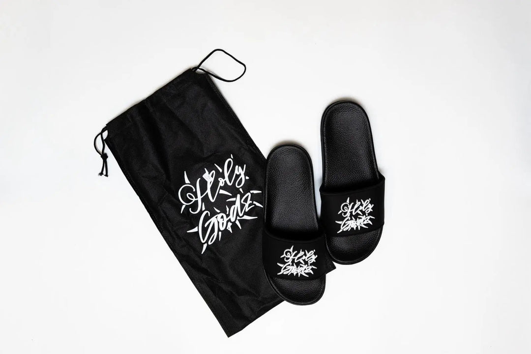 Holy Godz HG Outdoor Slides — black and white slide sandal, detail view