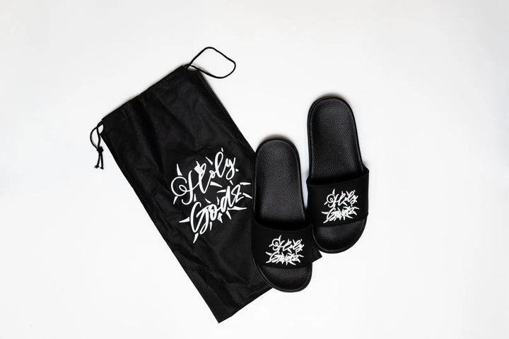 Holy Godz HG Outdoor Slides — black and white slide sandal, detail view