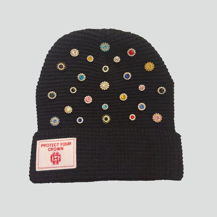 Protect Your Crown Crystal Beanie Black