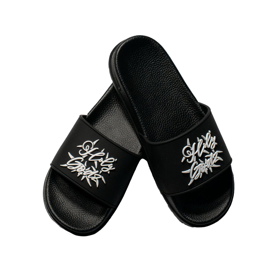 Holy Godz HG Outdoor Slides — black and white slide sandal, front view