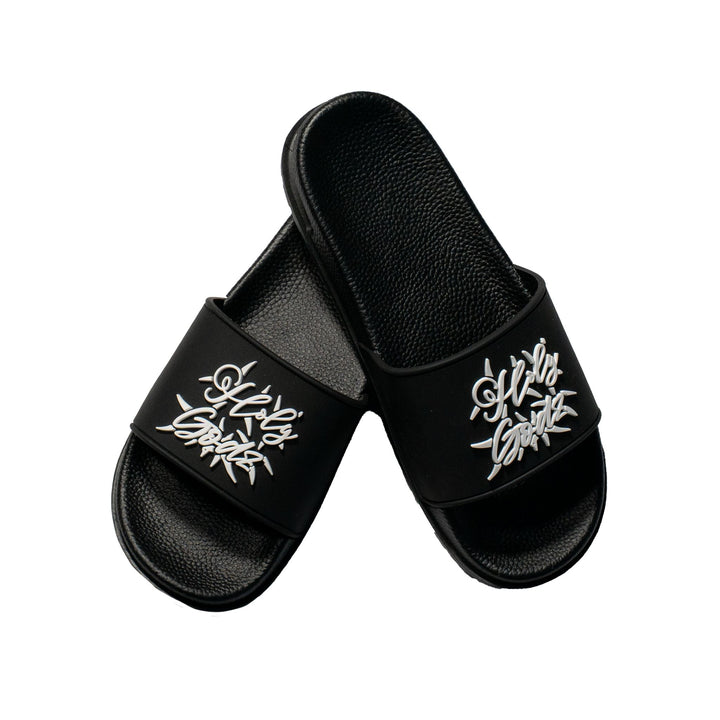 Holy Godz HG Outdoor Slides — black and white slide sandal, front view
