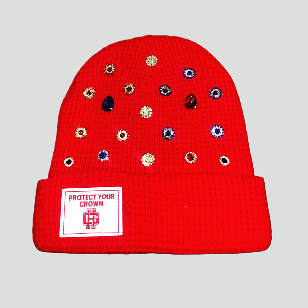 Protect Your Crown Crystal Beanie Red