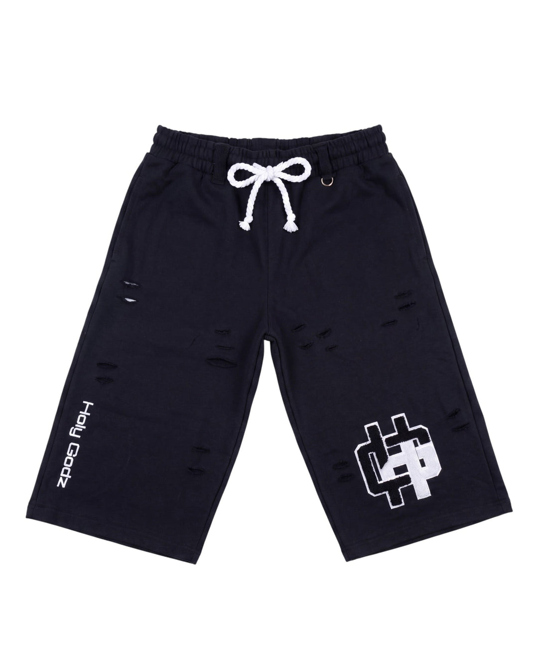 Holy Godz Reborn Shorts — washed black distressed fleece, alternate view