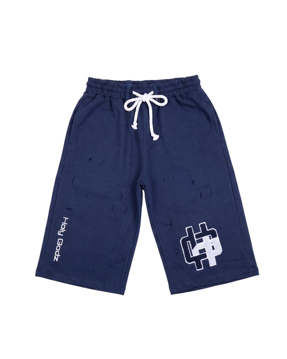 Holy Godz Reborn Shorts — washed black distressed fleece, main product shot