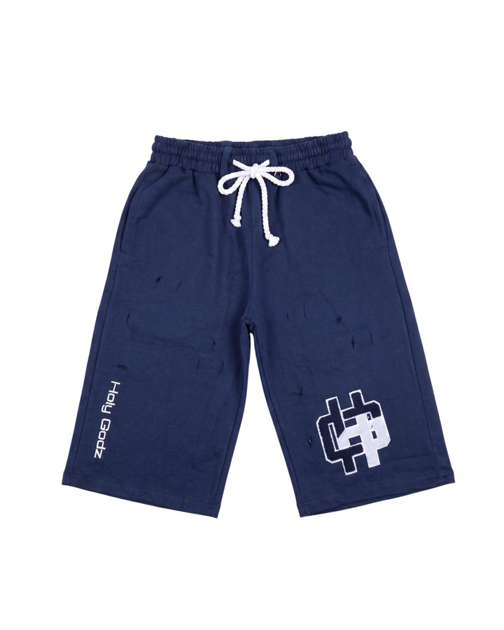 Holy Godz Reborn Shorts — washed black distressed fleece, main product shot