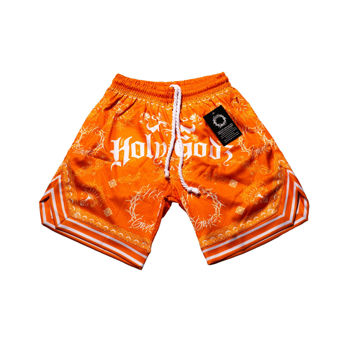Holy Godz Unity Bandana Shorts — orange colorway, main product shot