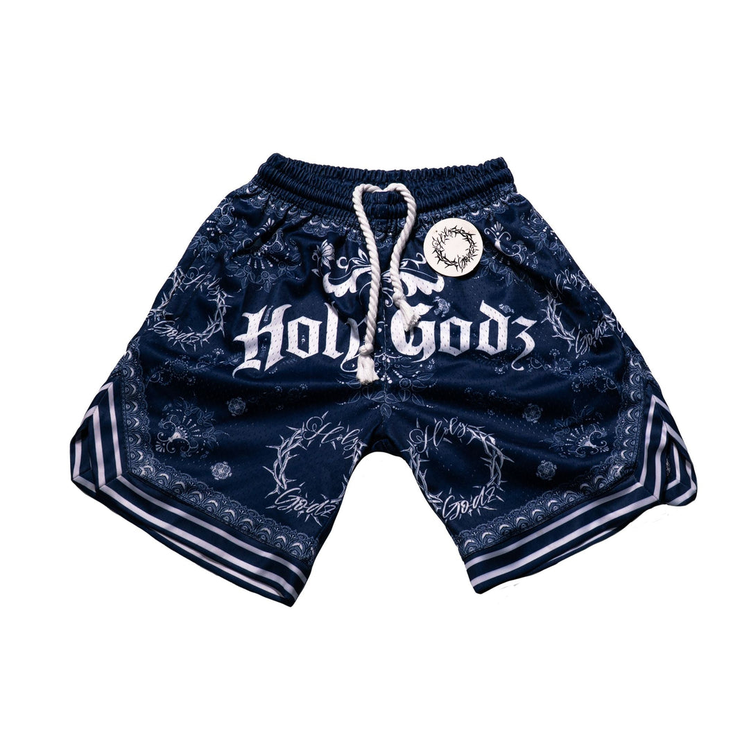 Holy Godz Unity Bandana Shorts — navy blue colorway, main product shot