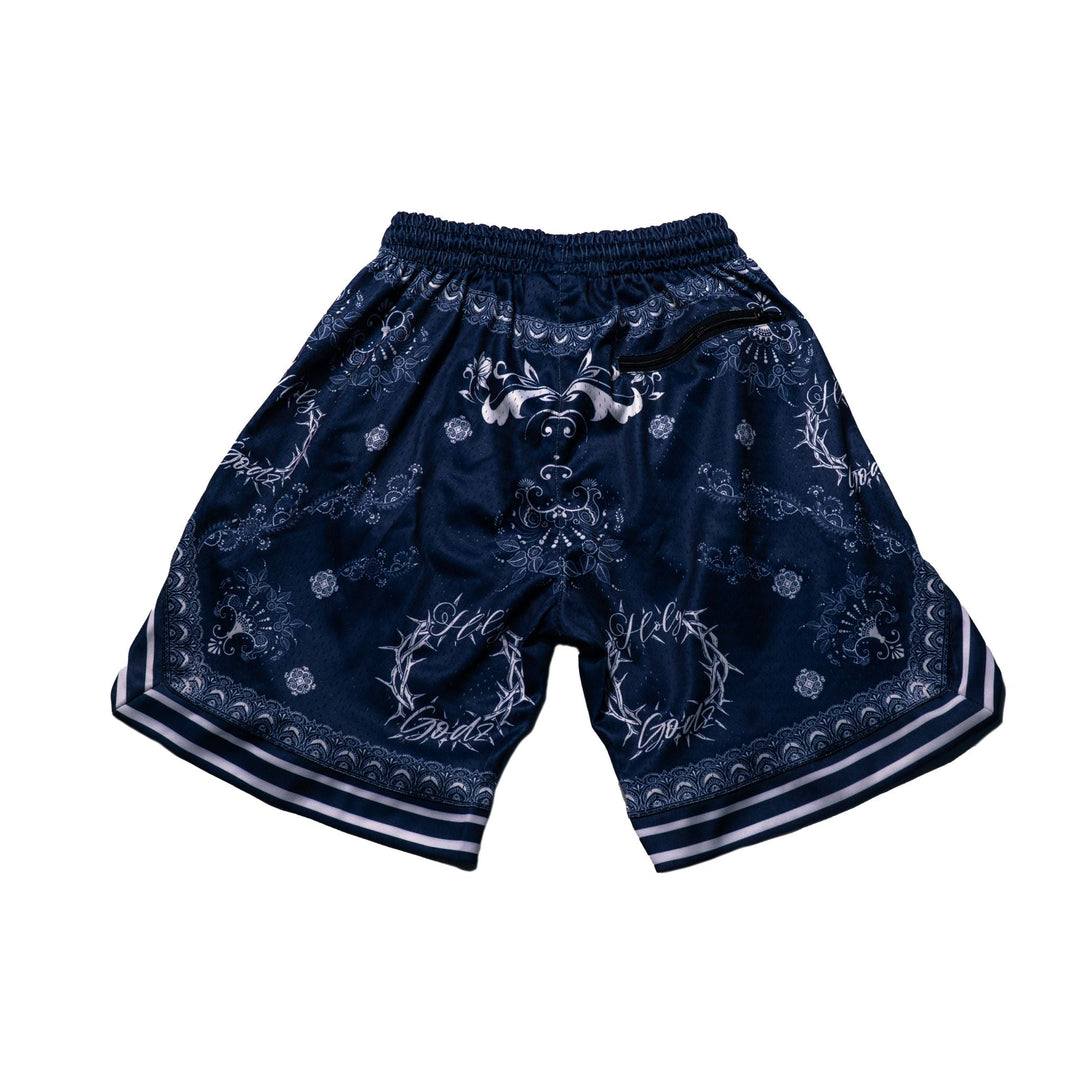 Holy Godz Unity Bandana Shorts — navy blue colorway, alternate view