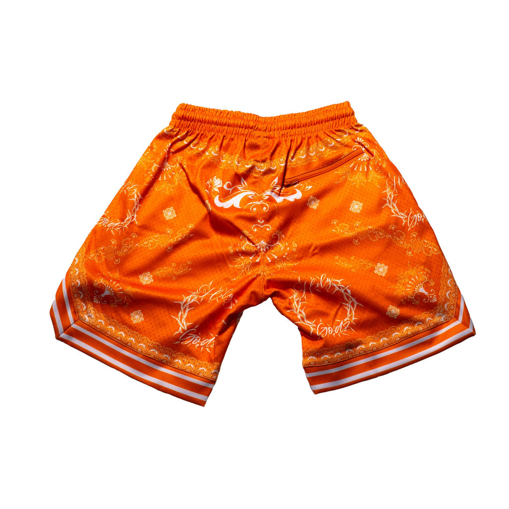 Holy Godz Unity Bandana Shorts — orange colorway, alternate view