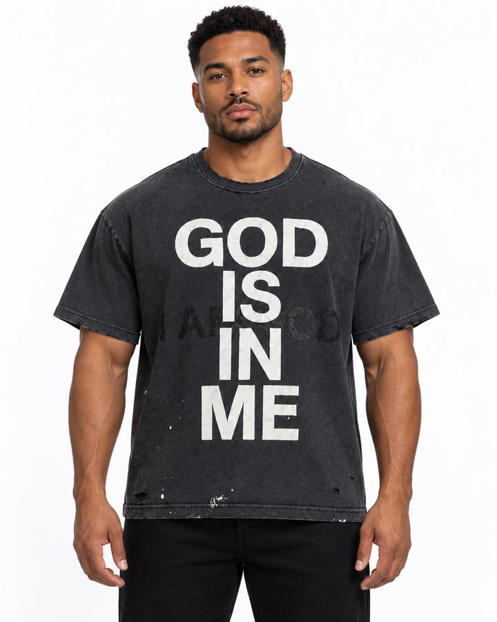 Front styling view of the Holy Godz GOD IS IN ME Tee in washed charcoal