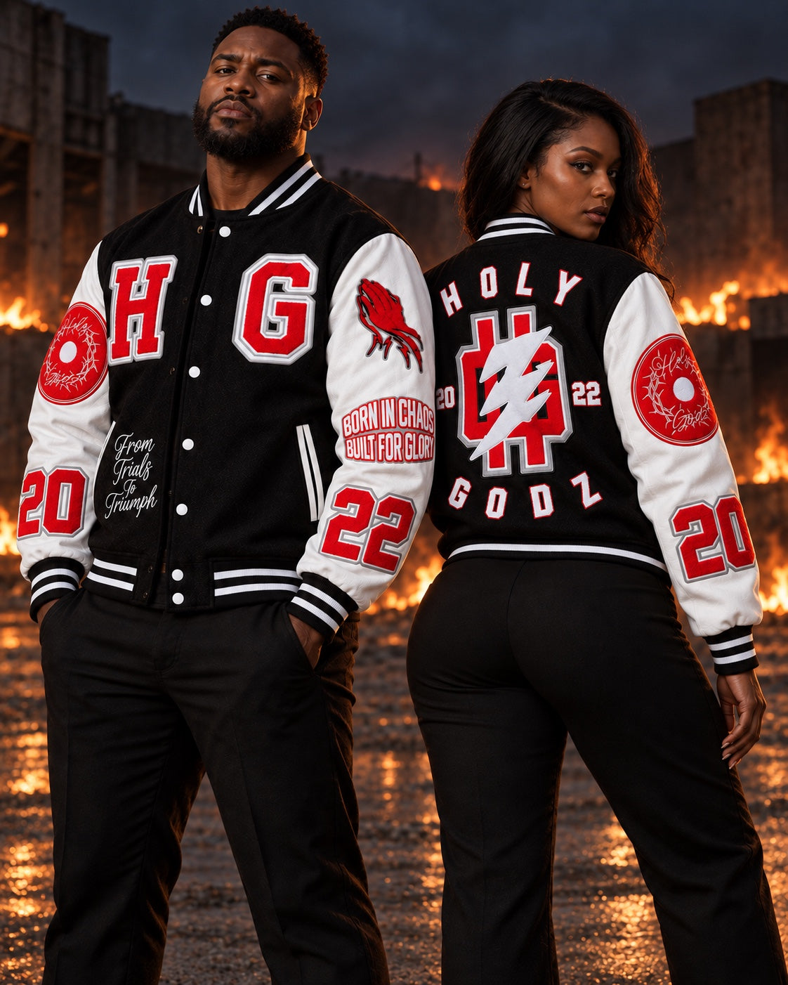 Holy Godz men's varsity jacket front and women's varsity jacket back in the Born in Chaos Built for Glory campaign